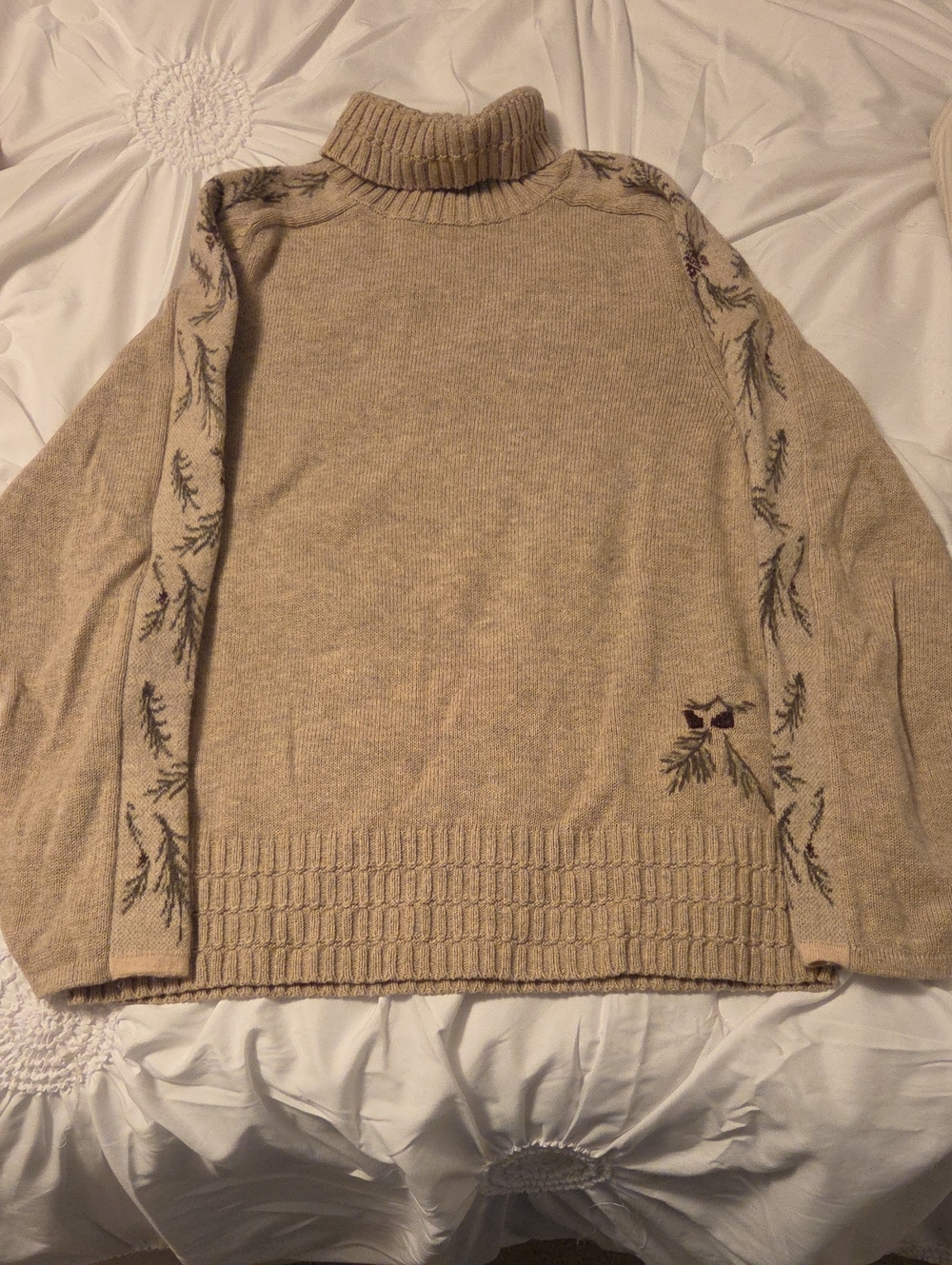 Woolrich Tan Turtleneck Sweater with Embroidered Branch Motif